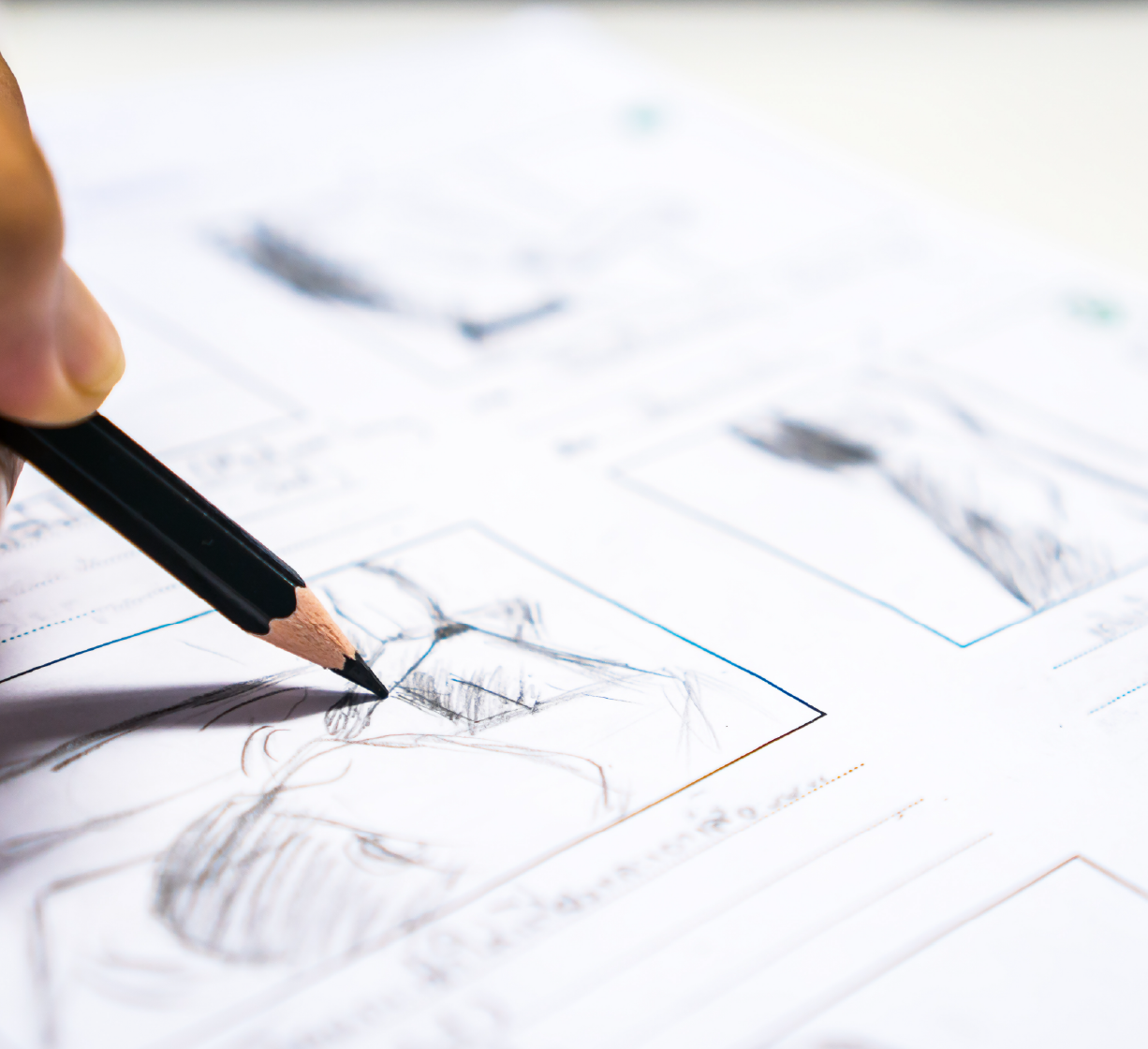 Close-up of a hand drawing storyboard sketches with a pencil on paper.