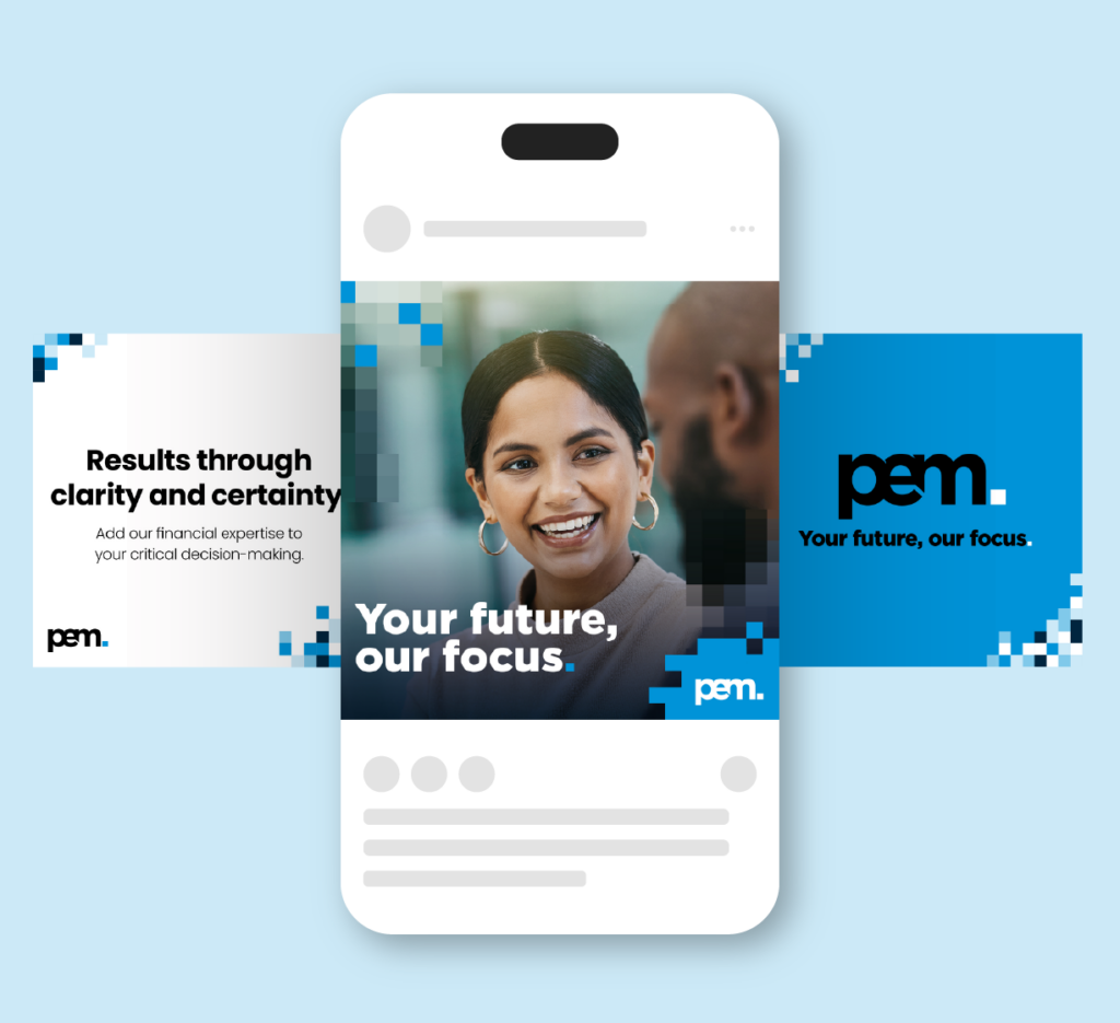 Mobile interface mockup showing pem branding with the message ‘Your future, our focus.’