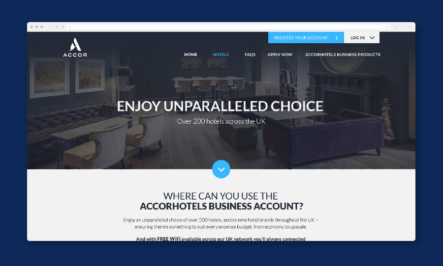 A website mockup for Accor showing a hotel lounge interior and the headline “Enjoy unparalleled choice – over 200 hotels across the UK.”