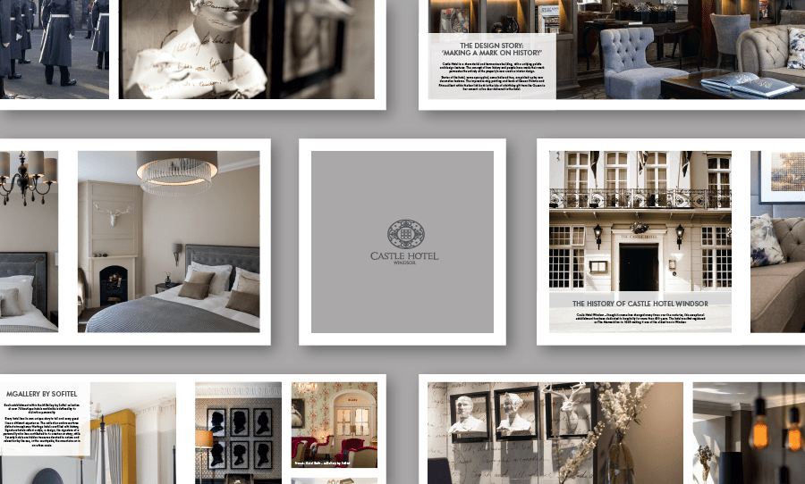 A brochure layout for MGallery by Sofitel showcasing interior photography and design details from the Castle Hotel Windsor.