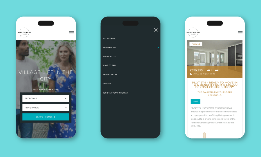 Three mobile screen mockups showing the Millennium Village website, including the homepage search tool, navigation menu, and a property listing page.