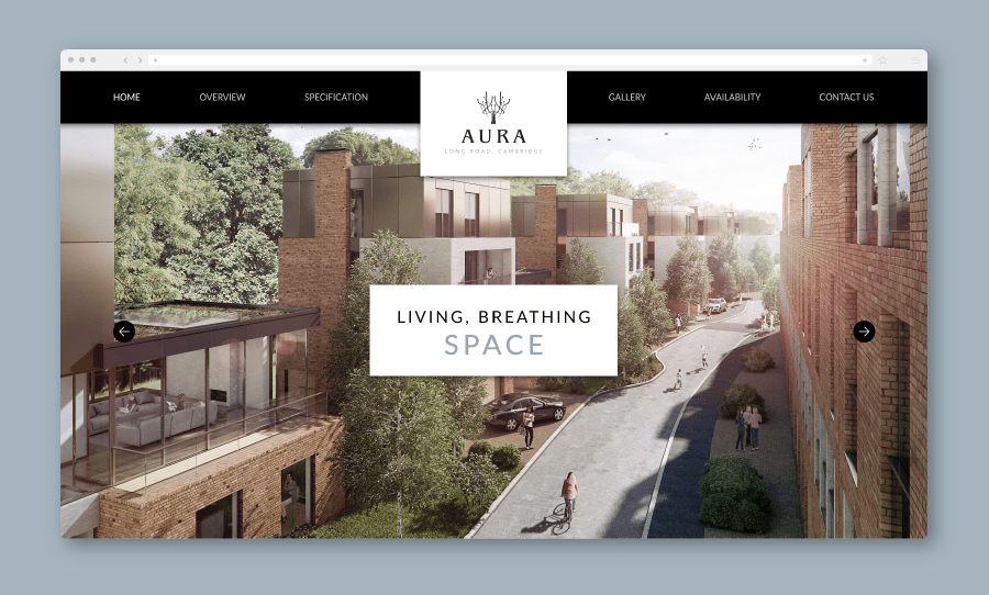 A website mockup for the Aura development showing a modern residential street lined with contemporary homes and greenery, with the headline “Living, Breathing Space.”
