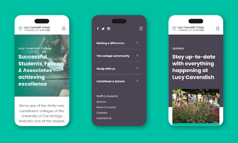 hree mobile screen mockups of the Lucy Cavendish College website showing the homepage, menu, and updates page.