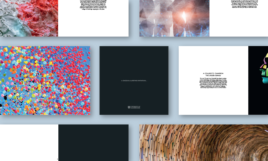 A grid of Cambridge University brochure spreads featuring abstract imagery, colourful graphics, and sample page layouts.