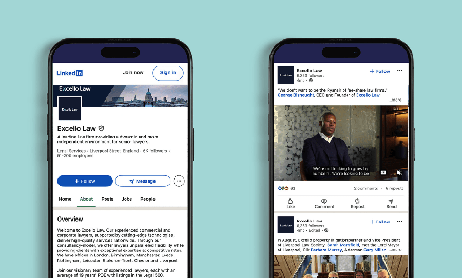 Two smartphone screens displaying Excello Law’s LinkedIn company page and a LinkedIn post featuring branding and firm updates.