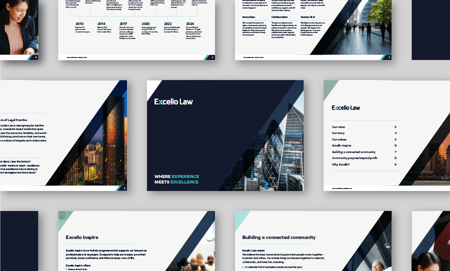 A set of Excello Law brochure and presentation layouts featuring modern architectural imagery and clean, professional typography.