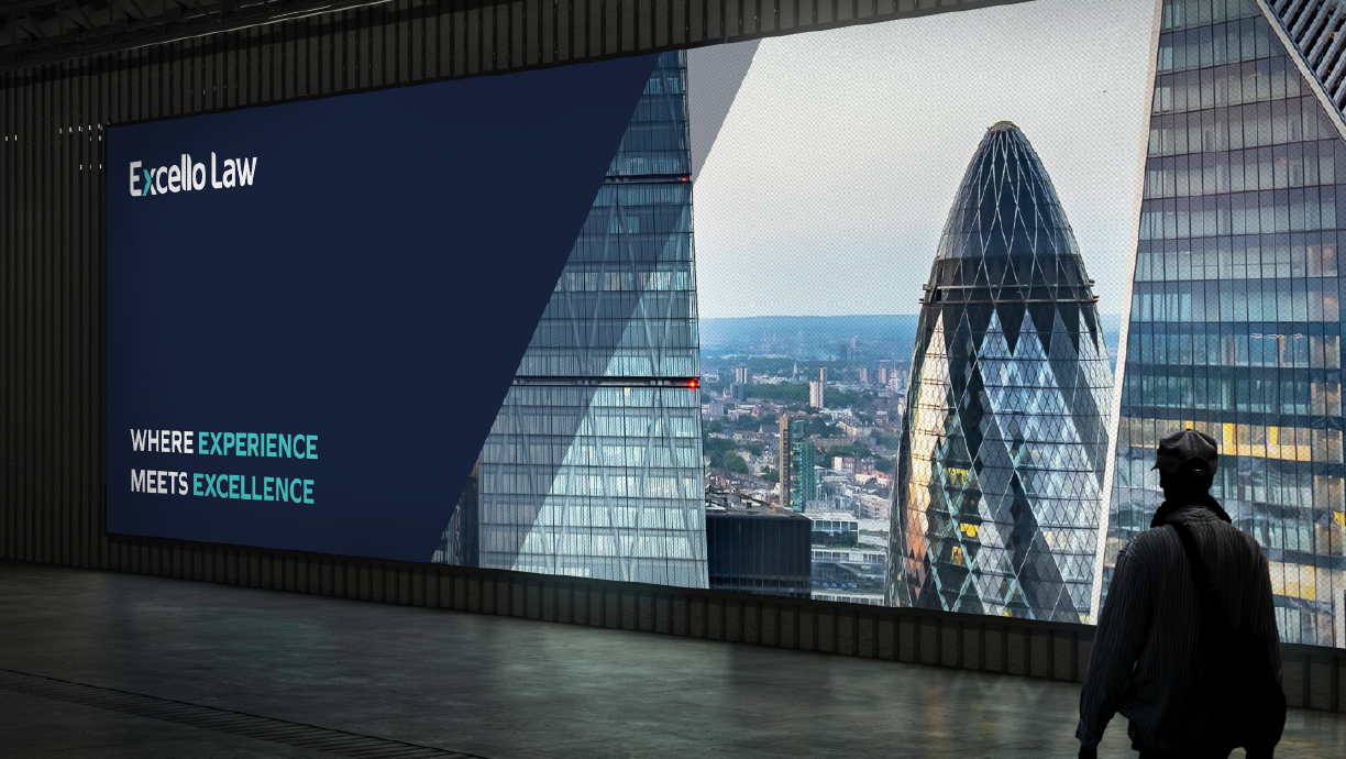 Excello outdoor billboard with city skyline