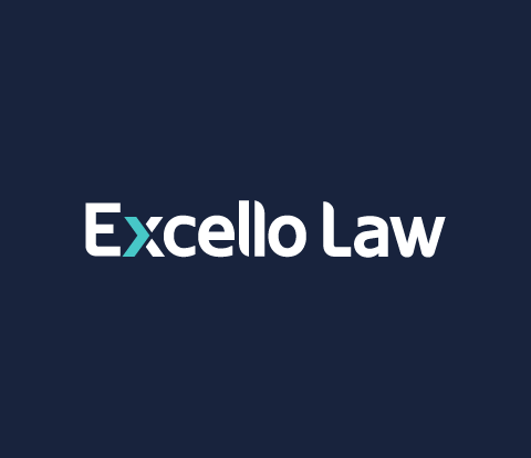 Excello Law Logo in white on a dark blue background.