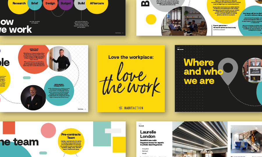 Collage of branded presentation slides and graphics about workplace culture and company identity.