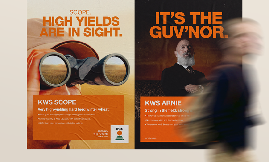 Two KWS crop variety posters on a wall—one featuring binoculars with the headline “High yields are in sight,” and the other promoting KWS Arnie with the headline “It’s the Guv’nor.”