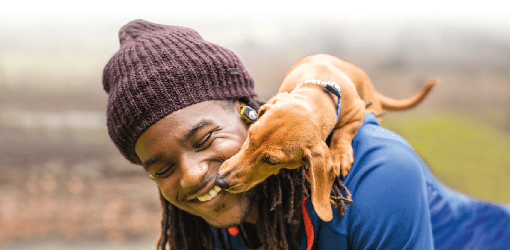 A Dachshund climbs onto a person’s shoulder during an outdoor walk.