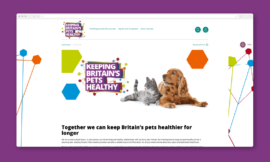 A website mockup showing the “Keeping Britain’s Pets Healthy” page with a cat and dog beside the logo.