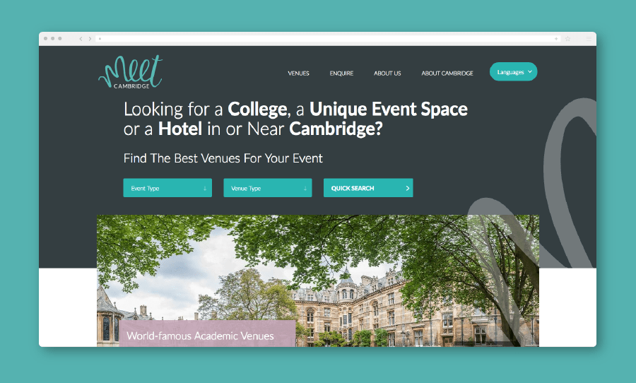 A Meet Cambridge website mockup showing a search tool for finding event venues and a photo of historic Cambridge buildings beneath leafy trees.