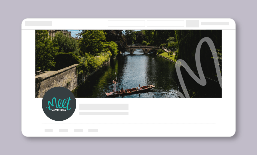 A Meet Cambridge website mockup featuring a scenic river view with a punt gliding beneath a stone bridge.