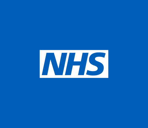 White NHS logo on a blue background.
