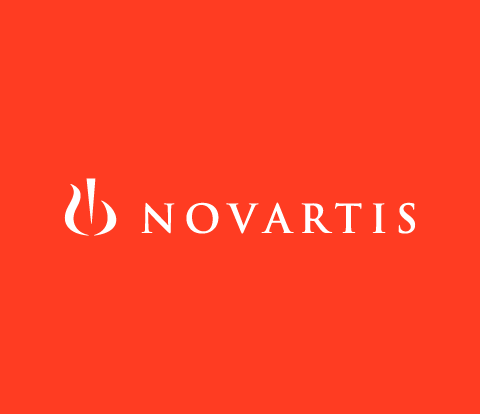 White Novartis logo on a orange background.