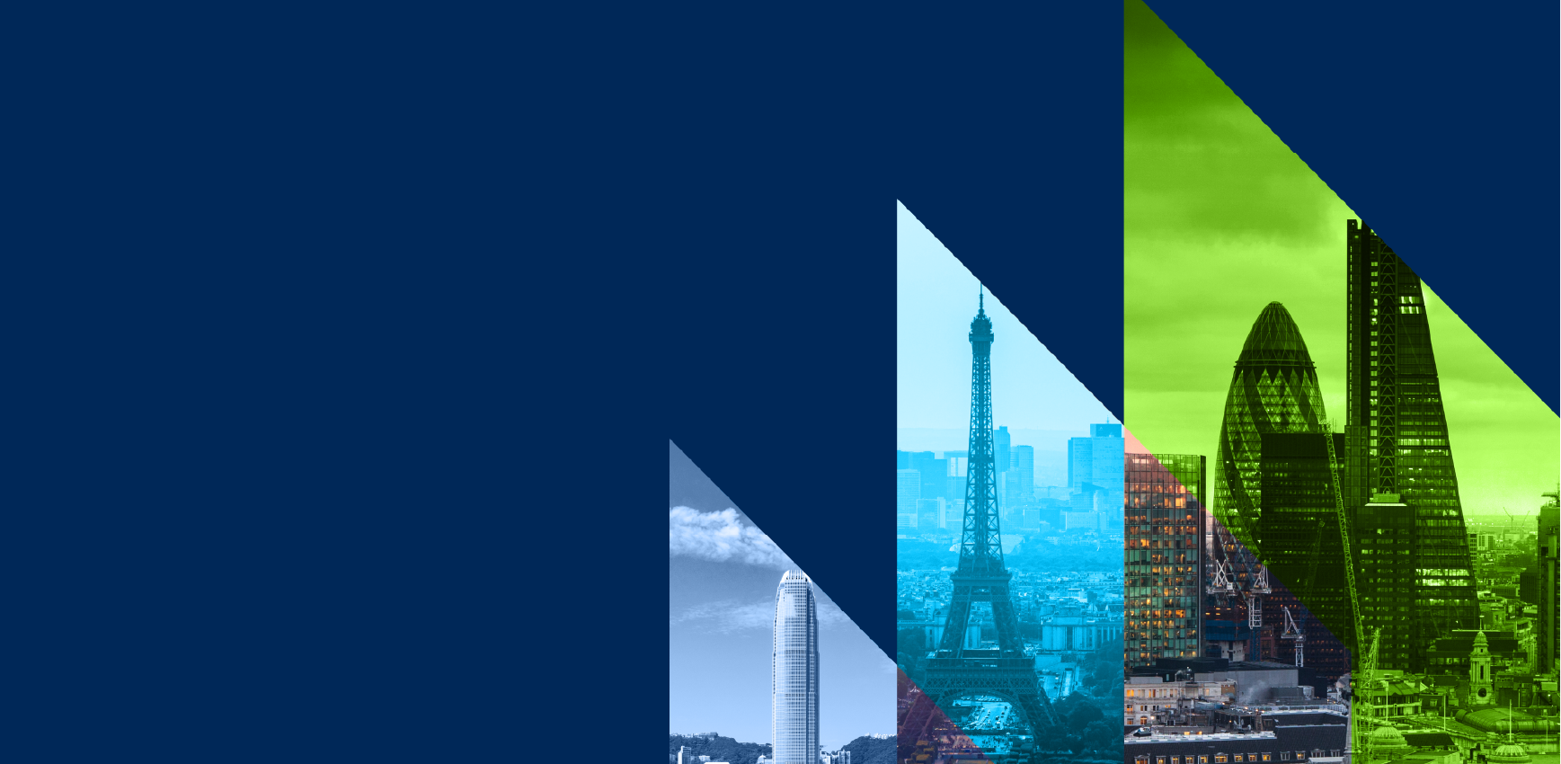 Colour tinted geometric design featuring triangular panels with city skylines, including the Eiffel Tower and modern skyscrapers in London on a dark blue background.