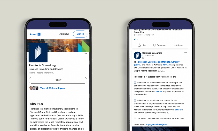 Two smartphone mockups showing Plenitude Consulting’s LinkedIn company page and a LinkedIn post.