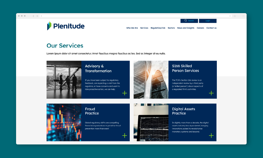 A website mockup for Plenitude showing the ‘Our Services’ section with four service tiles and accompanying images.