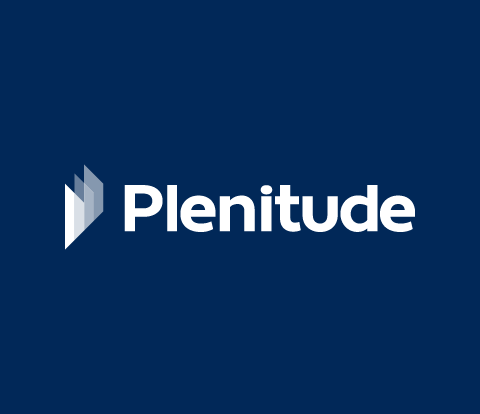 White Plenitude logo sitting on a dark blue background.