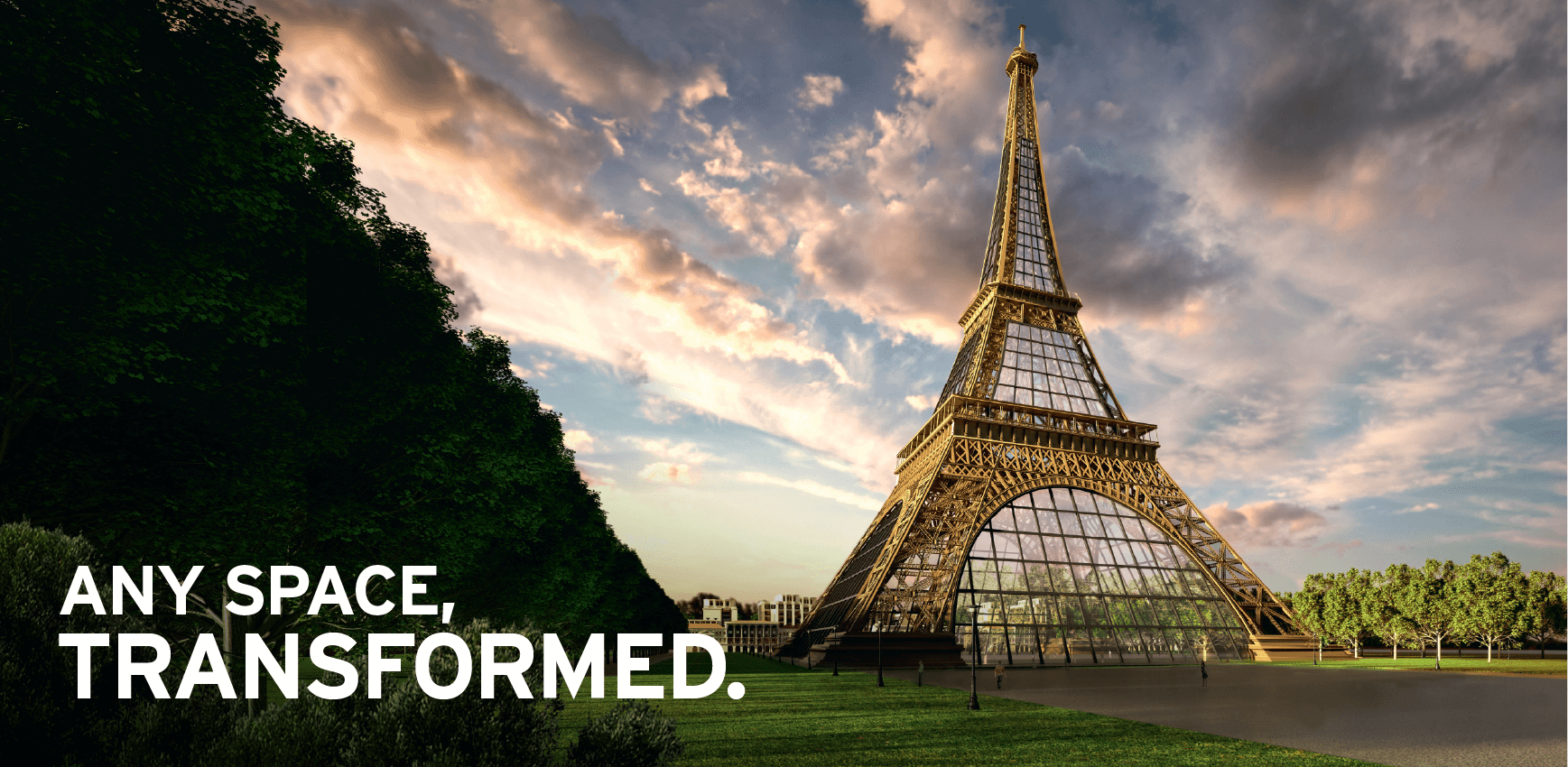 A CGI of the Eiffel Tower with large glass façades showcasing Reynaers aluminium windows with the strap line, "Any space transformed".