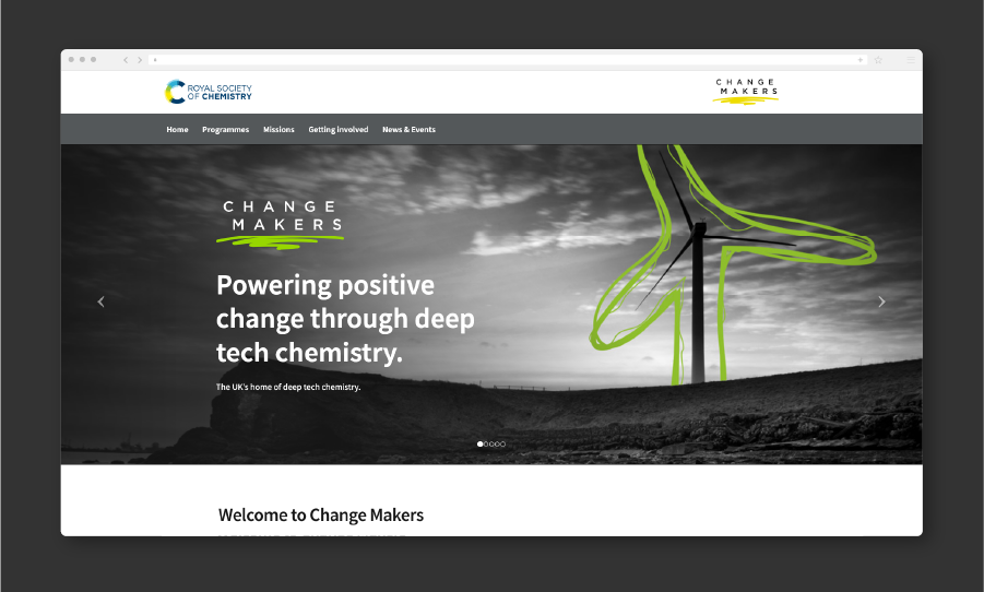 A website mockup for the Royal Society of Chemistry’s Change Makers programme, featuring a wind turbine overlaid with green line art and the headline “Powering positive change through deep tech chemistry.”