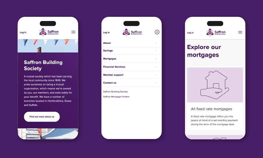 Three mobile screen mockups showing the Saffron Building Society website, including the homepage, navigation menu, and mortgage information page.