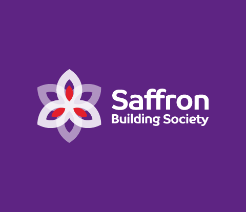 The Saffron Building Society logo on the brand purple background.