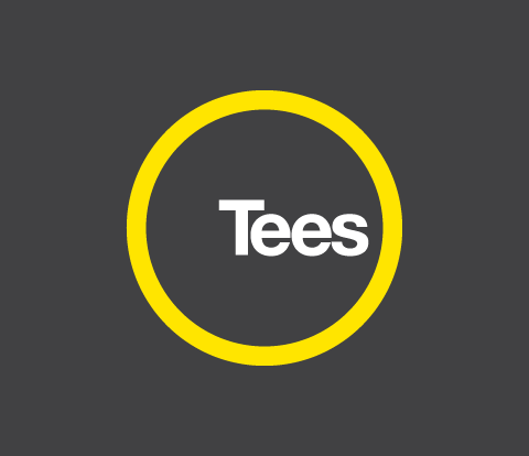 Tees logo on dark grey background.