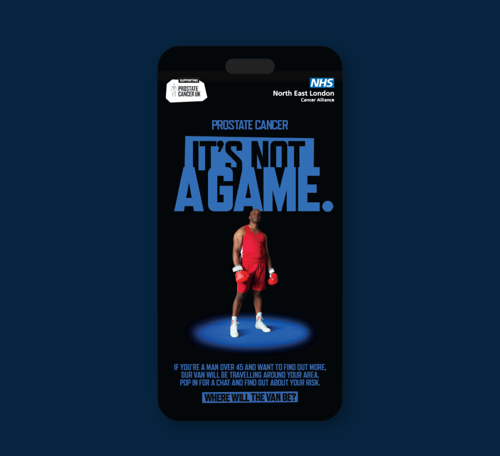 Mobile-style NHS poster about prostate cancer featuring a person in red boxing gear under the headline “It’s Not a Game,” with campaign information below.