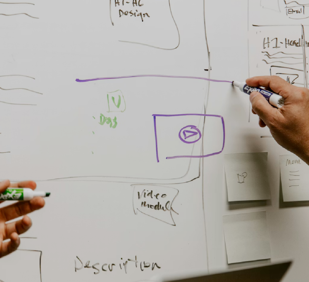 People sketching content ideas and interface concepts on a whiteboard.