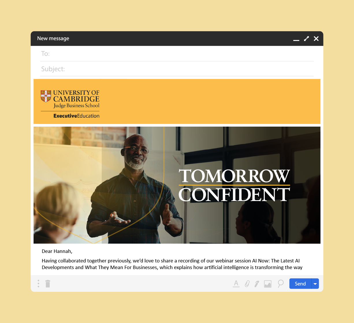 Email marketing mockup from Cambridge Judge Business School Executive Education with the headline ‘Tomorrow Confident.’