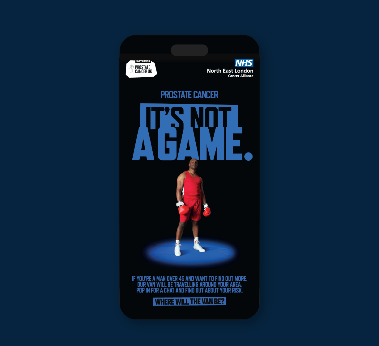 Mobile-style NHS poster about prostate cancer featuring a person in red boxing gear under the headline “It’s Not a Game,” with campaign information below.