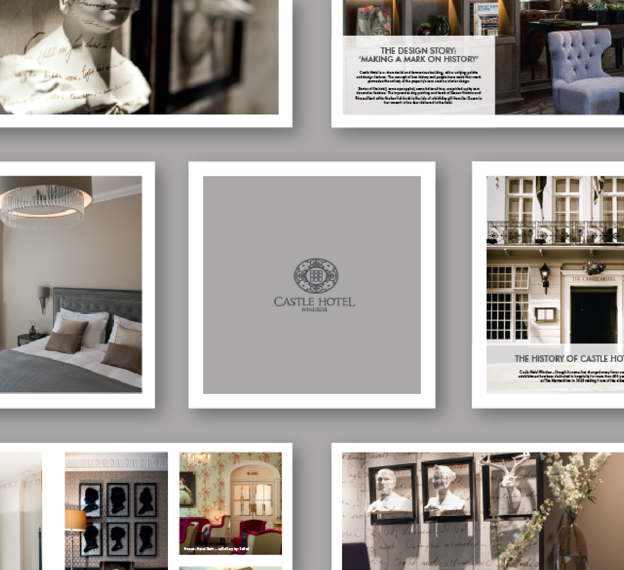 Collage-style layout featuring Castle Hotel Windsor branding, interior décor photos, and historical imagery arranged on a grey background.