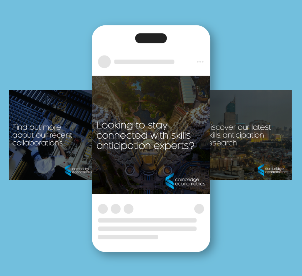 Mobile interface mockup displaying Cambridge Econometrics content about skills anticipation and collaborations.