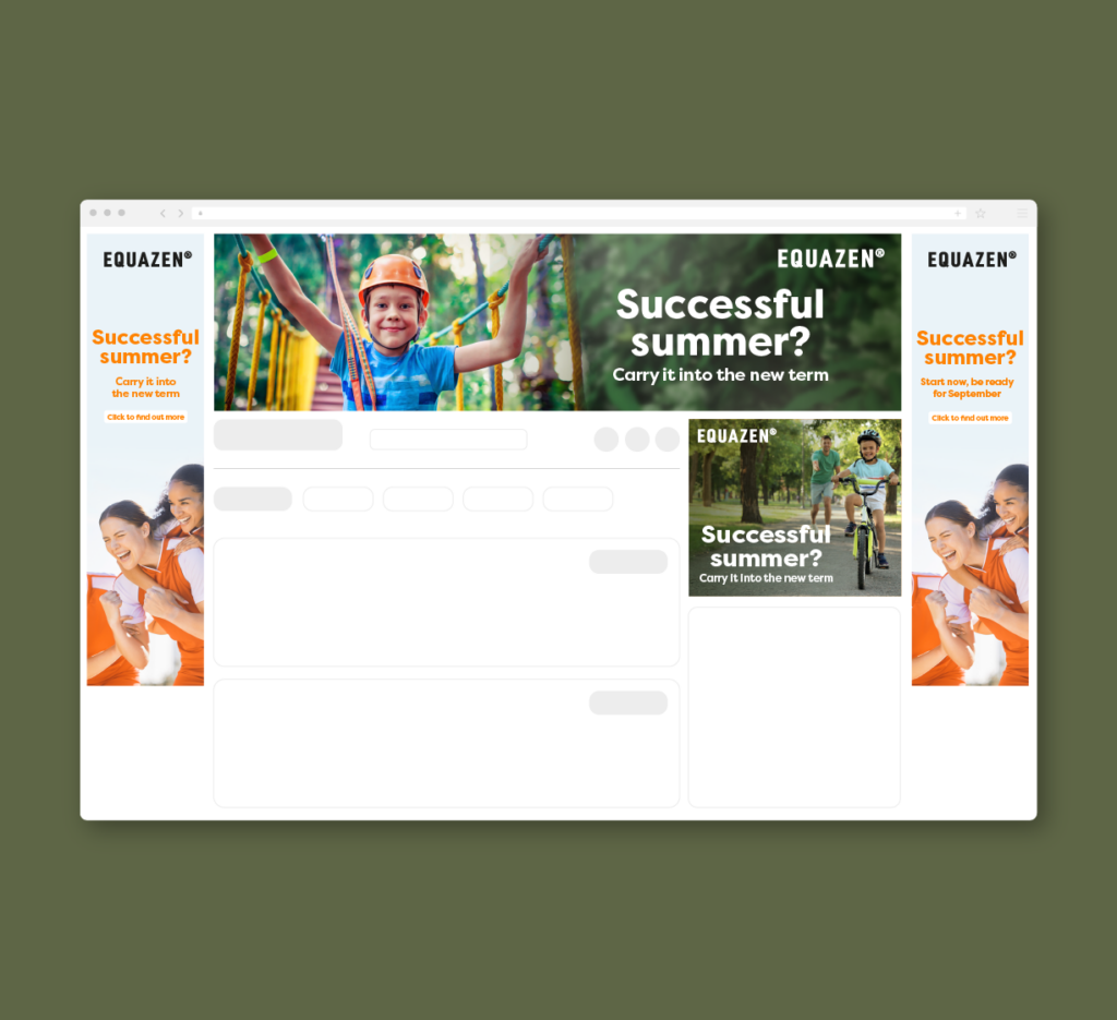Website page mockup displaying Equazen advertisements promoting a ‘Successful summer’ campaign.