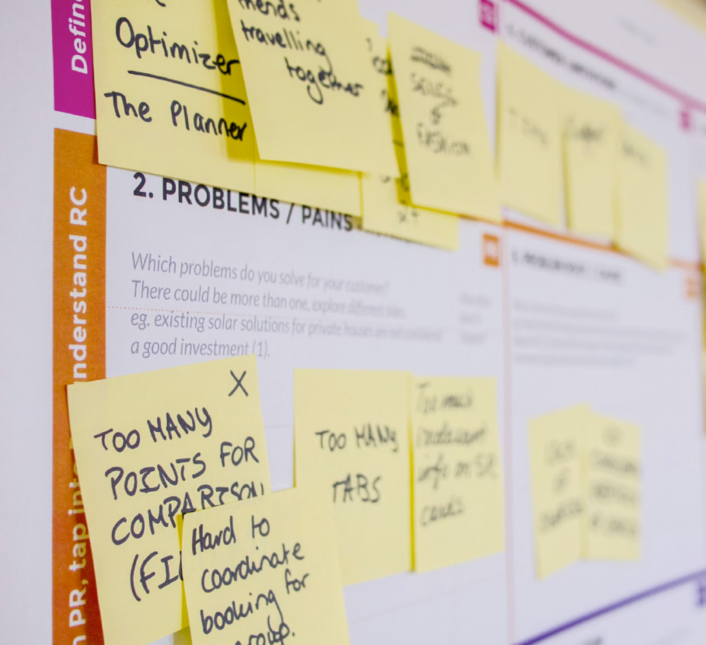 Post-it notes attached to a whiteboard