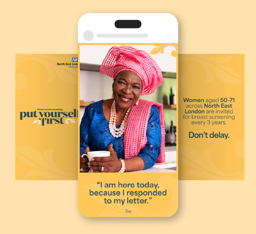Mobile-style graphic featuring an NHS breast screening message with a person in traditional clothing holding a cup, alongside text encouraging women aged 50–71 in North East London to attend screening.
