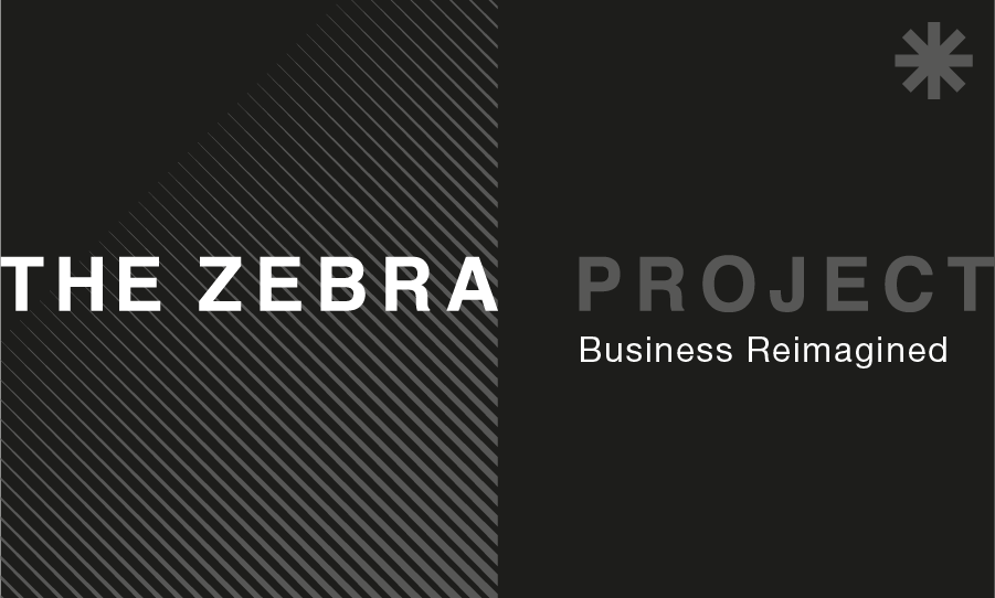 Graphic design featuring the text “The Zebra Project – Business Reimagined” on a dark background with diagonal stripes.