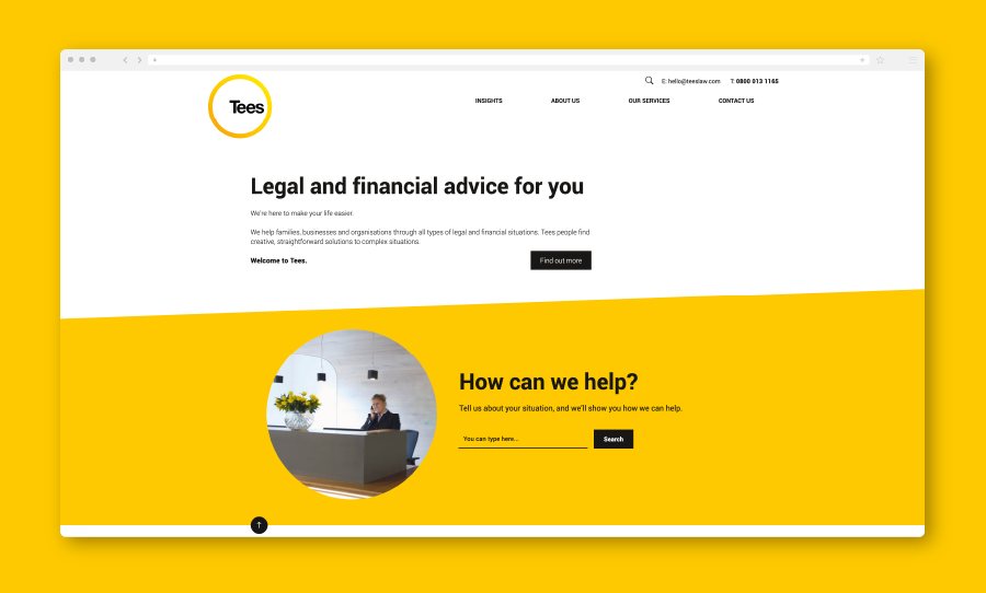 A webpage mockup for Tees showing a clean white and yellow design with sections for legal and financial advice.
