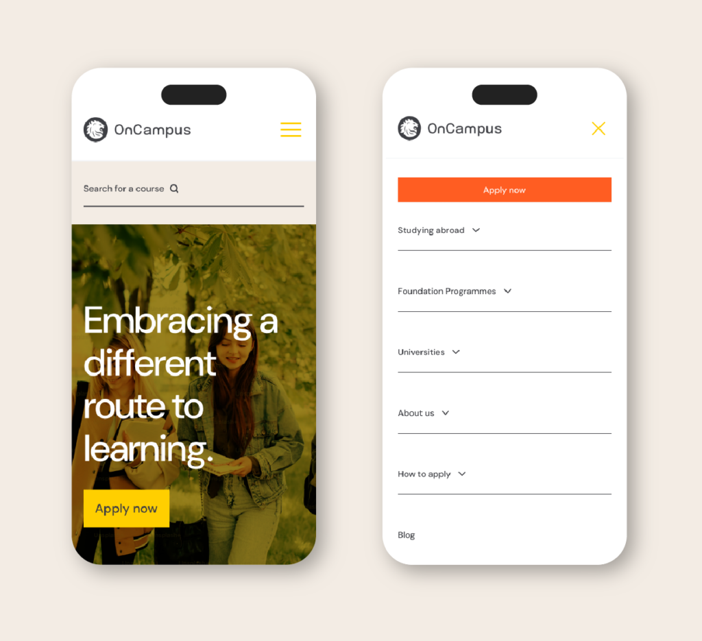 Two mobile screens showing the OnCampus website, with one displaying a homepage banner and the other an expanded menu with course options.