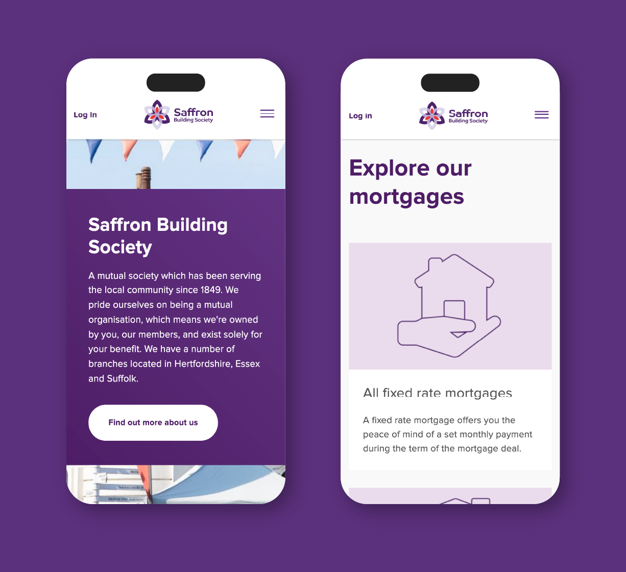 Two mobile screens showing the Saffron Building Society website, one with an overview about the society and the other highlighting mortgage options.