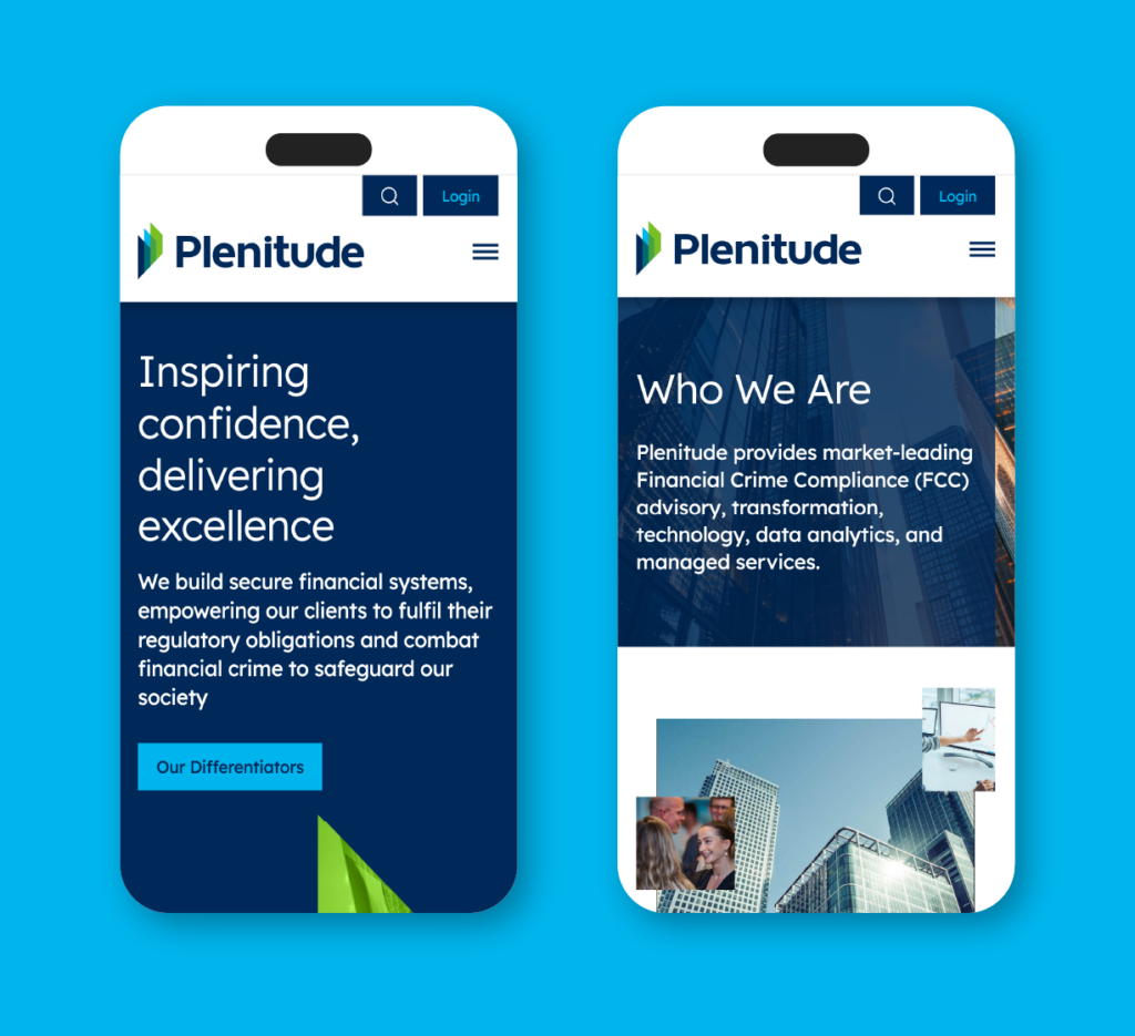 Two mobile screens displaying the Plenitude website