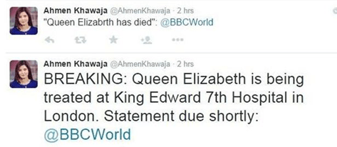 News reporters mistaken tweet and the spread of the Queens death