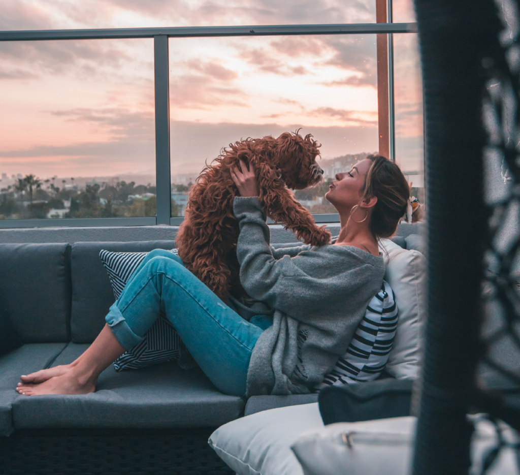 Person reclining on an outdoor sofa at sunset, holding up a small curly‑haired dog.