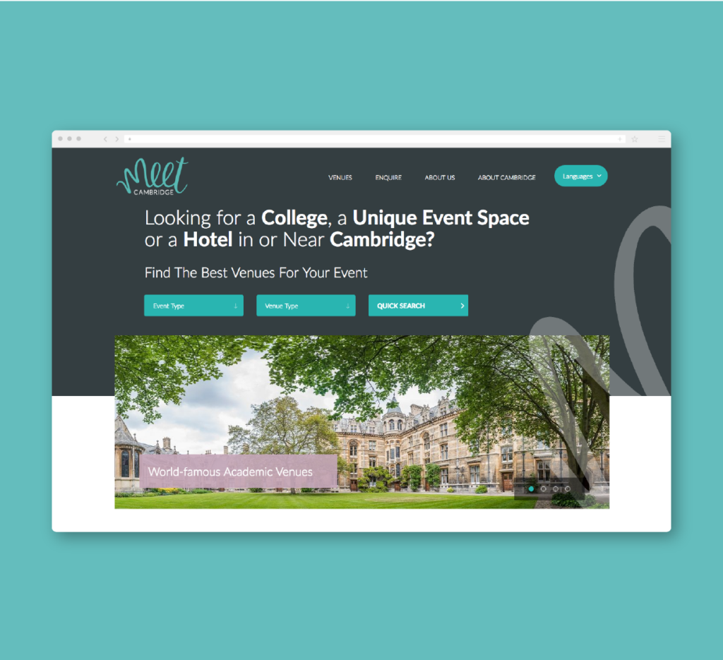 Website homepage for Meet Cambridge promoting event venues in Cambridge.