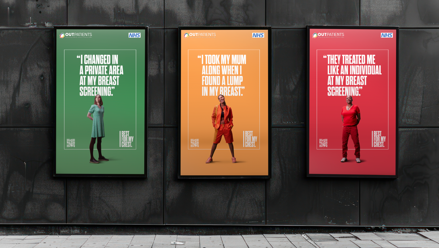 Three NHS posters promoting breast screening with patient quotes displayed on a wall.