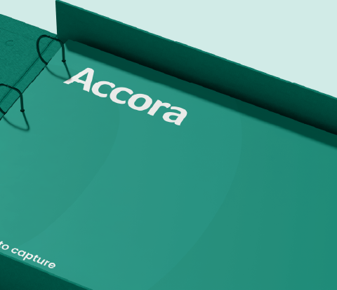 Green Accora brand folder with the logo featured in the top left corner.