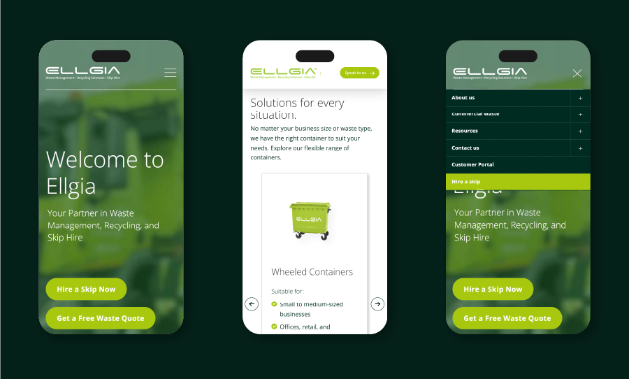 Mobile website screens for Ellgia showing waste management services.