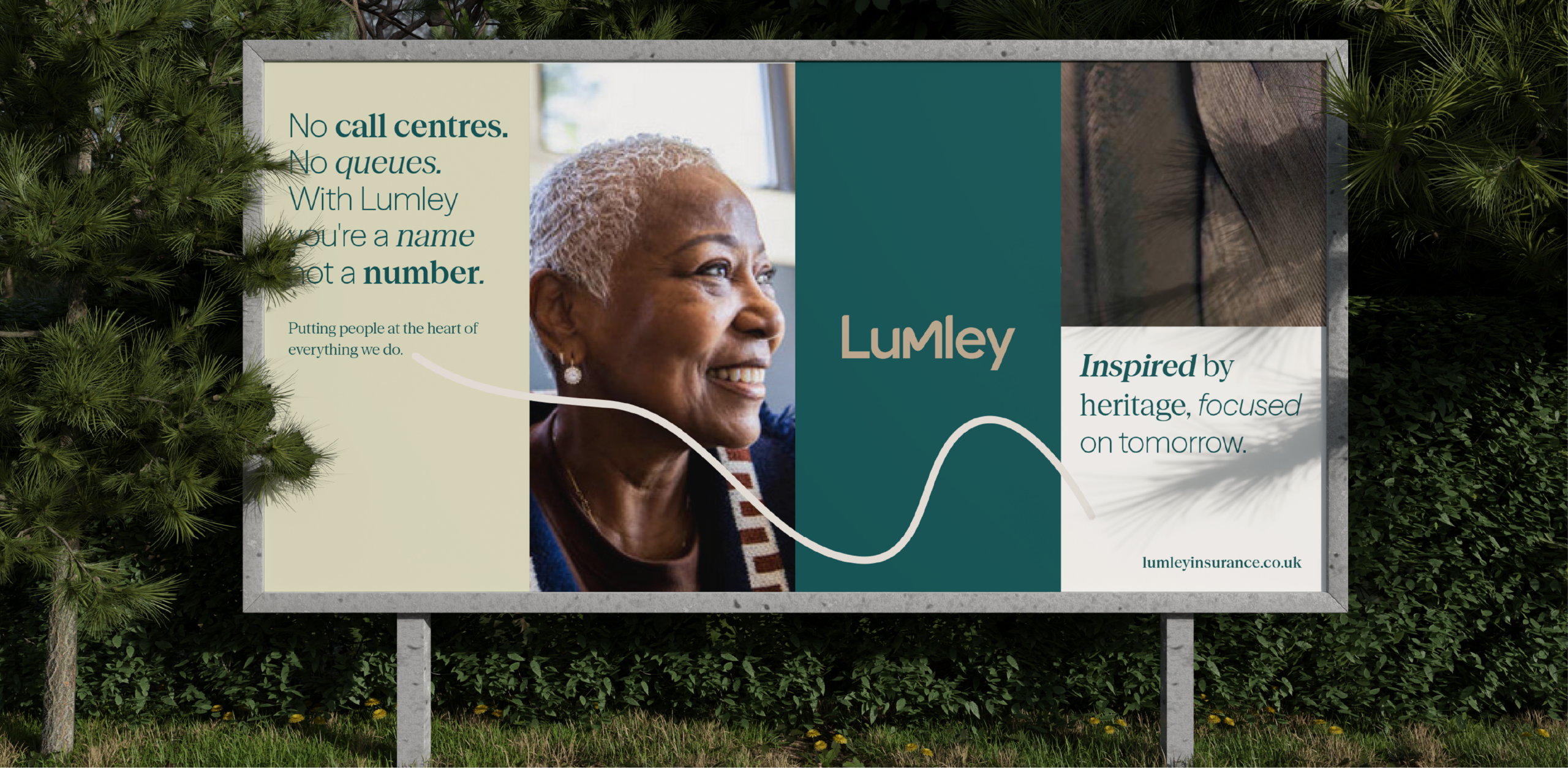 Lumley billboard featuring a smiling woman and the message ‘No call centres. No queues. You’re a name, not a number.’